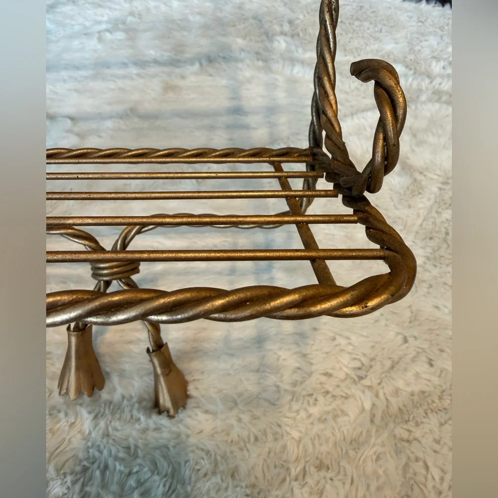 Vintage Hollywood Regency style twisted rope design 3-tier gold tone metal shelf